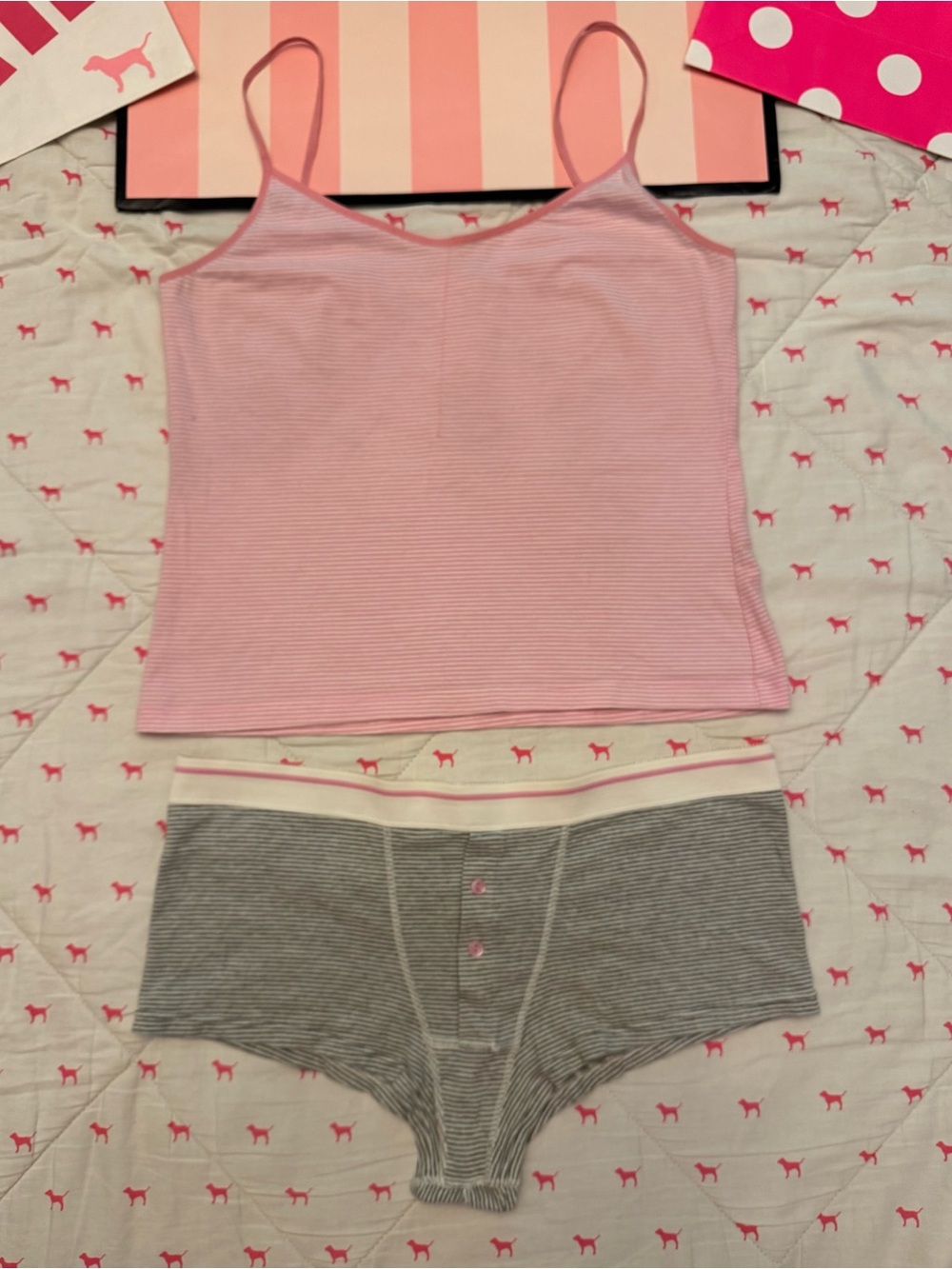 VS PINK VINTAGE Y2K SET CAMI TANK TOP & 100% COTTON BOXER SHORTS PANTY STRIPED L